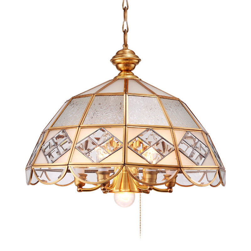 Traditional Brass Dome Pendant Chandelier Milk Glass 7-Bulb Hanging Ceiling Light