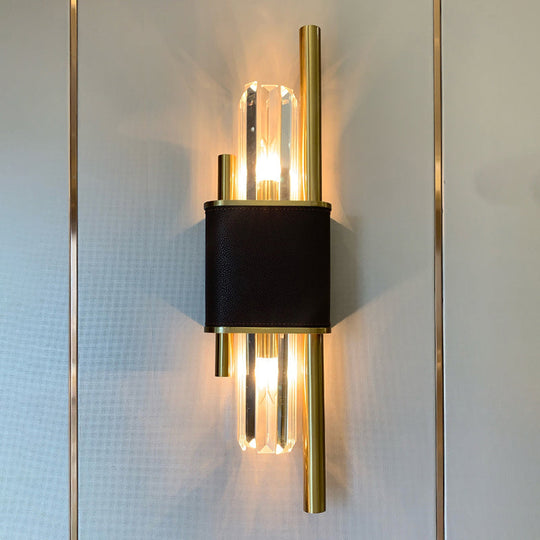 Postmodern K9 Crystal Wall Light Fixture - 2-Head Black-Brass Sconce For Living Room