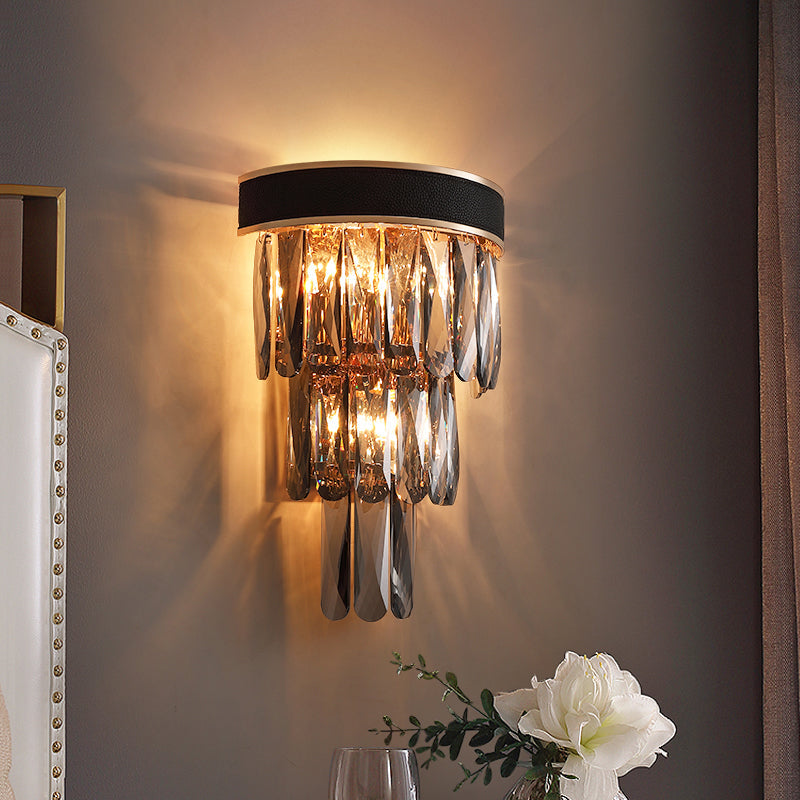 Black Flush Mount 3-Bulb Sconce With Crystal Shade - Minimalist 3-Tier Wall Lighting