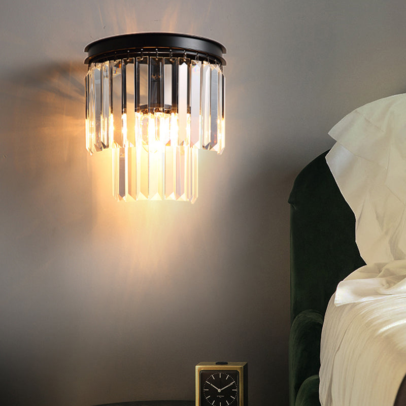 Modern Crystal Tiered Wall Sconce With 2 Bulbs For Bedside Lighting