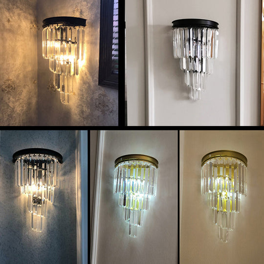 Modern Crystal Tiered Wall Sconce With 2 Bulbs For Bedside Lighting