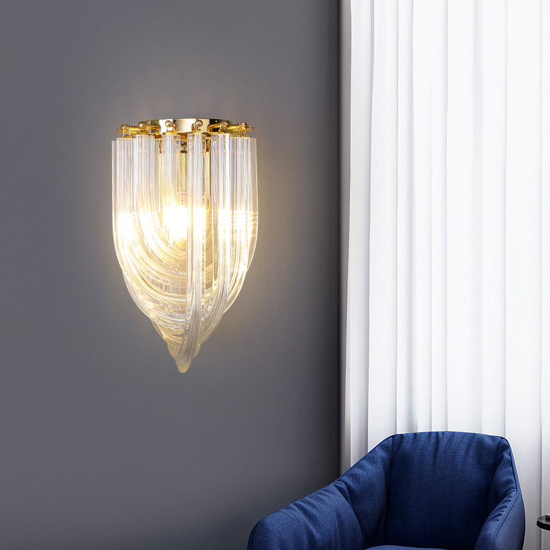 Gold Ribbon Wall Sconce With Clear Glass Head For Dining Room Mounting