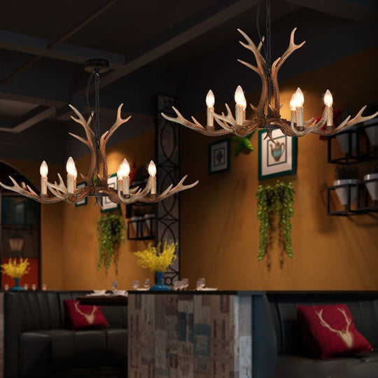 6/8 Light Antler Chandelier: Rustic Khaki Resin Suspension Fixture For Restaurants