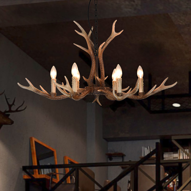 6/8 Light Antler Chandelier: Rustic Khaki Resin Suspension Fixture For Restaurants