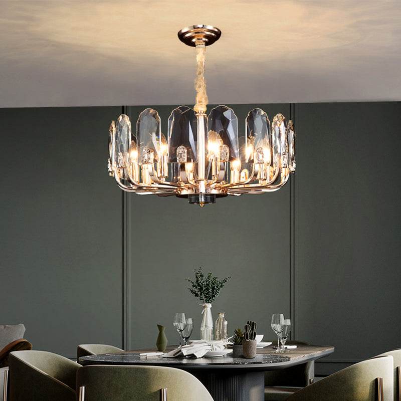 Gold Finish Round Pendant Light With Crystal Panels - Modern Chandelier For Living Room