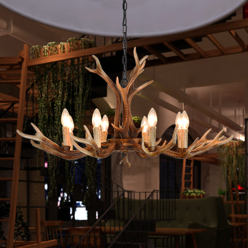 6/8 Light Antler Chandelier: Rustic Khaki Resin Suspension Fixture For Restaurants