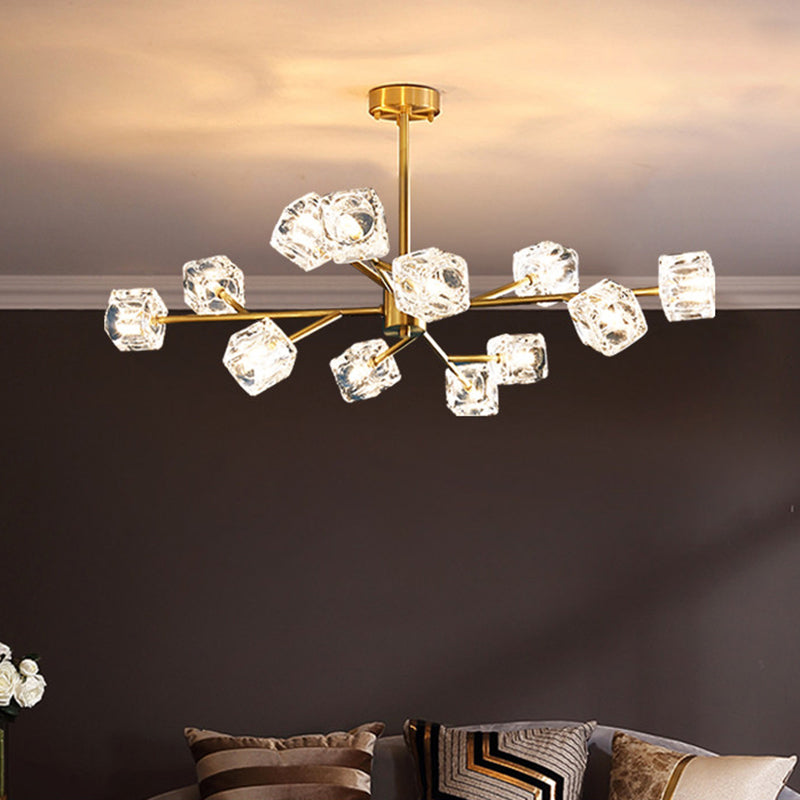 Minimalist Crystal Cube Pendant Chandelier With Gold Finish And Branch Design