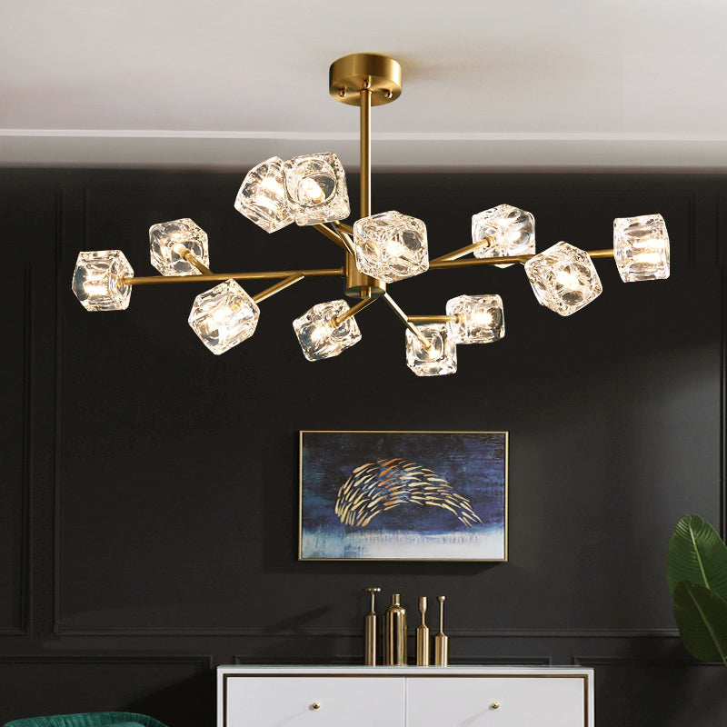 Minimalist Crystal Cube Pendant Chandelier With Gold Finish And Branch Design