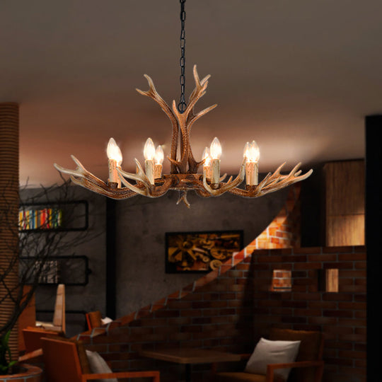 6/8 Light Antler Chandelier: Rustic Khaki Resin Suspension Fixture For Restaurants