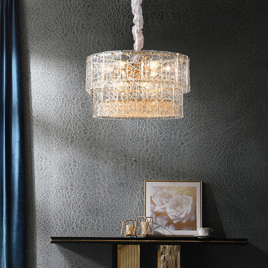 Modern 2-Tier Clear Glass Chandelier Pendant Light With Octagonal Crystal Beads