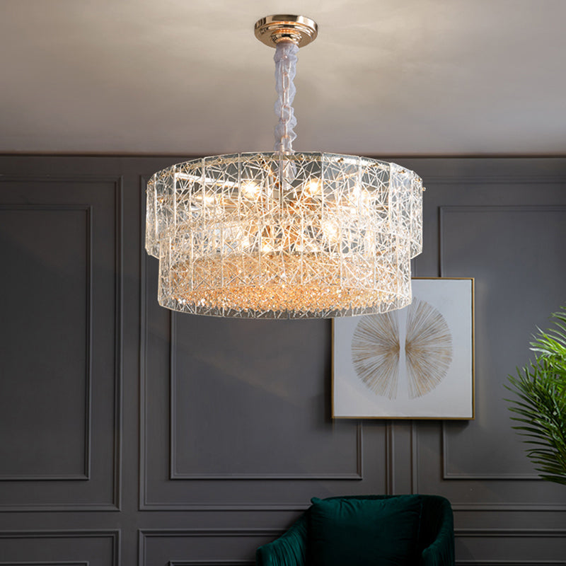 Modern 2-Tier Chandelier Pendant Light with Clear Glass and Crystal Beads