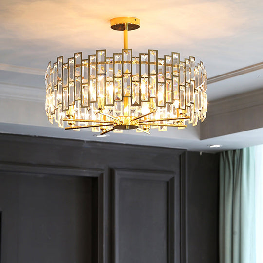 Modern Gold Drum Pendant Lamp with Crystal Rods - Tri-Sided, Bedroom Chandelier Light