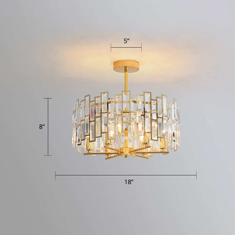 Gold Crystal Tri-Sided Rods Drum Pendant Lamp - Modern Bedroom Chandelier / 18