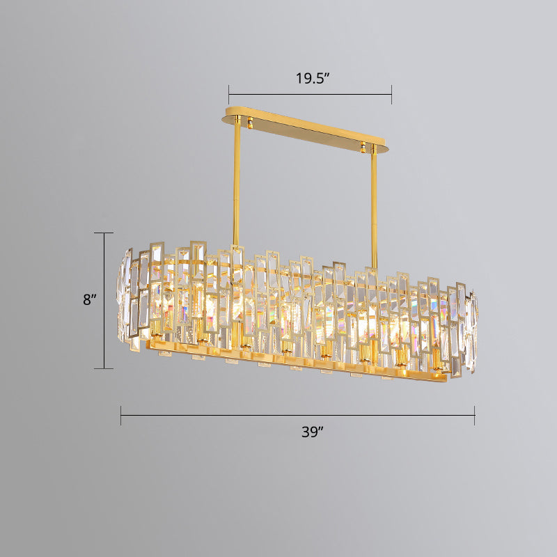 Modern Gold Drum Pendant Lamp with Crystal Rods - Tri-Sided, Bedroom Chandelier Light