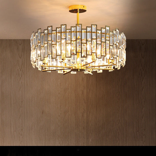 Modern Gold Drum Pendant Lamp with Crystal Rods - Tri-Sided, Bedroom Chandelier Light