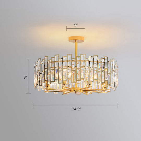 Gold Crystal Tri-Sided Rods Drum Pendant Lamp - Modern Bedroom Chandelier / 24.5