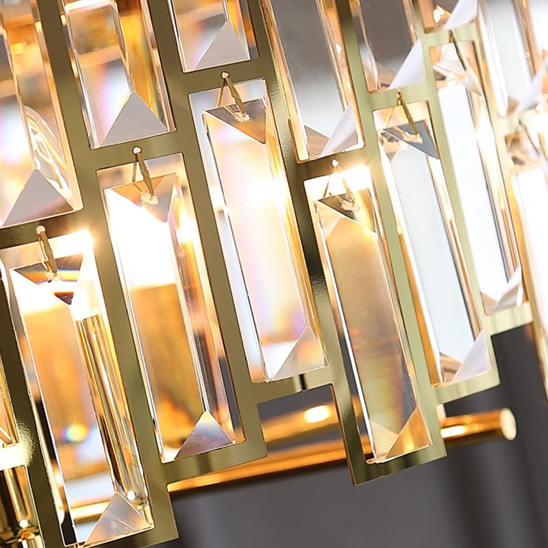 Modern Gold Drum Pendant Lamp with Crystal Rods - Tri-Sided, Bedroom Chandelier Light