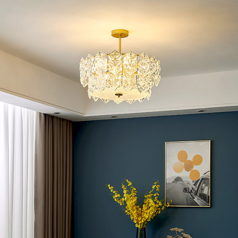 Gold Hexagonal Crystal Ceiling Chandelier - Minimalist Living Room Suspension Lamp