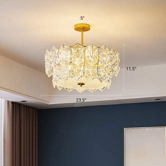 Gold Minimalist Chandelier with Crystal Hexagonal Shade - Living Room Ceiling Suspension Lamp