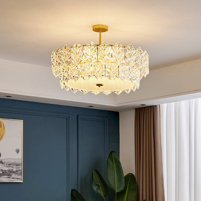 Gold Minimalist Chandelier with Crystal Hexagonal Shade - Living Room Ceiling Suspension Lamp