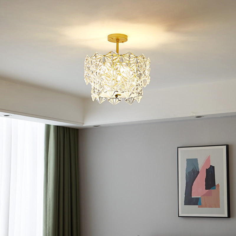 Gold Hexagonal Crystal Ceiling Chandelier - Minimalist Living Room Suspension Lamp