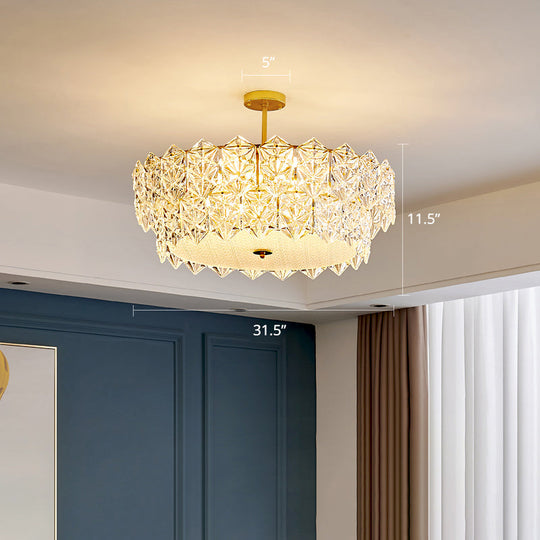 Gold Minimalist Chandelier with Crystal Hexagonal Shade - Living Room Ceiling Suspension Lamp