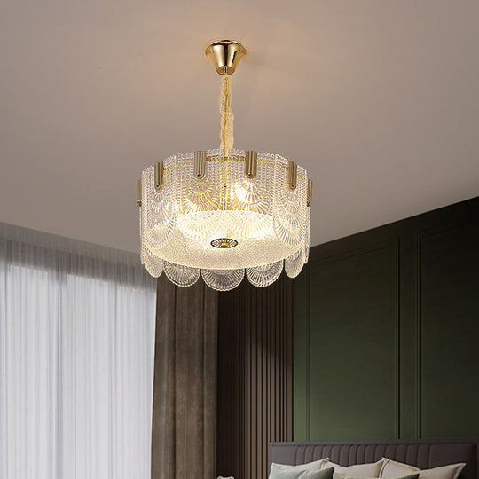 Modern Clear Textured Glass Chandelier With Round Pendant And Scalloped Edge