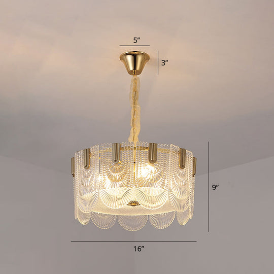 Modern Clear Glass Chandelier: Round Pendant Ceiling Lamp with Elegant Scalloped Edge