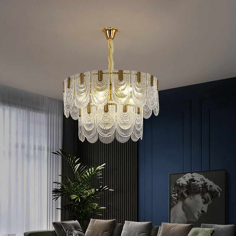 Modern Clear Glass Chandelier: Round Pendant Ceiling Lamp with Elegant Scalloped Edge