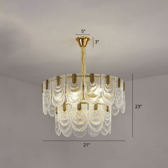 Modern Clear Glass Chandelier: Round Pendant Ceiling Lamp with Elegant Scalloped Edge