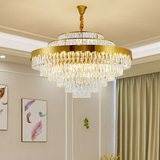 Golden Crystal Rectangle Layers Chandelier: Postmodern Suspension Light For Living Room