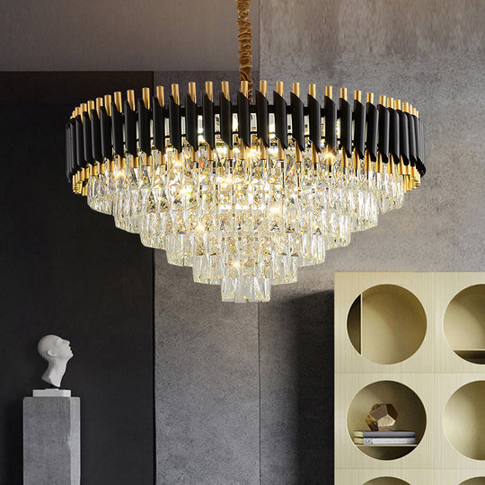 Modern Black Conical Pendant Lamp with Opulent K9 Crystal Prism Chandelier - Perfect for Restaurants