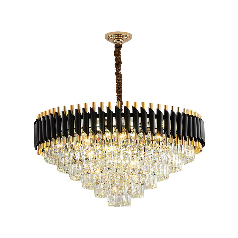 Modern Black Conical Pendant Lamp With Opulent K9 Crystal Prism Chandelier For Restaurants