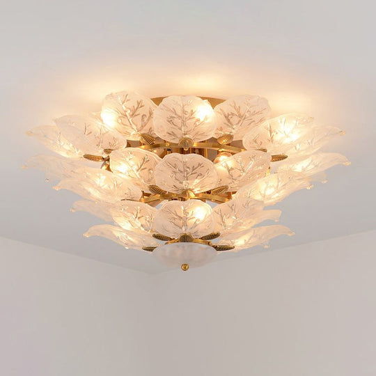 Contemporary Gold Leaf Semi Flush Mount Lamp With 10 Frost Glass Lights For Living Room Ceiling