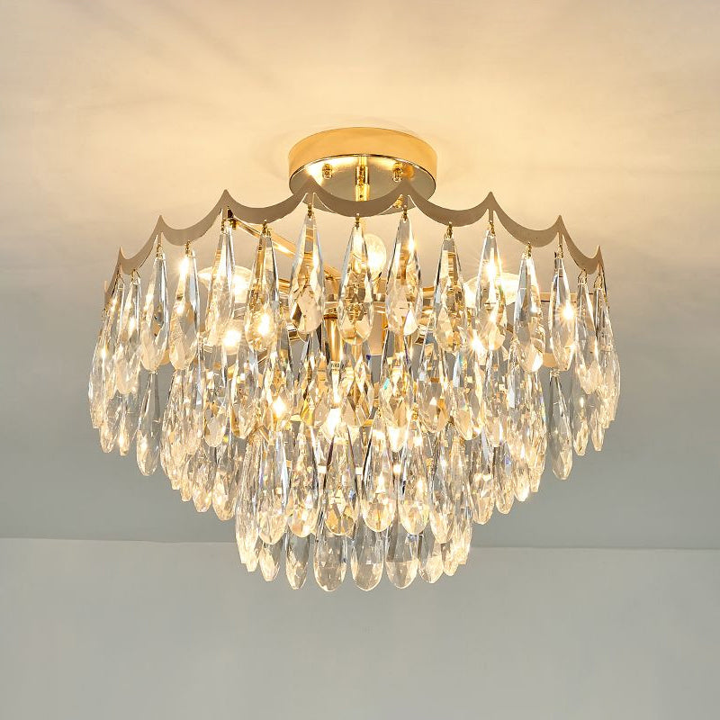 Modern Gold Flush Mount Chandelier With Clear Crystal Drops - 9-Bulb Bedroom Ceiling Lighting