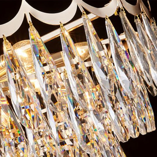 Modern Gold Flush Mount Chandelier With Clear Crystal Drops - 9-Bulb Bedroom Ceiling Lighting