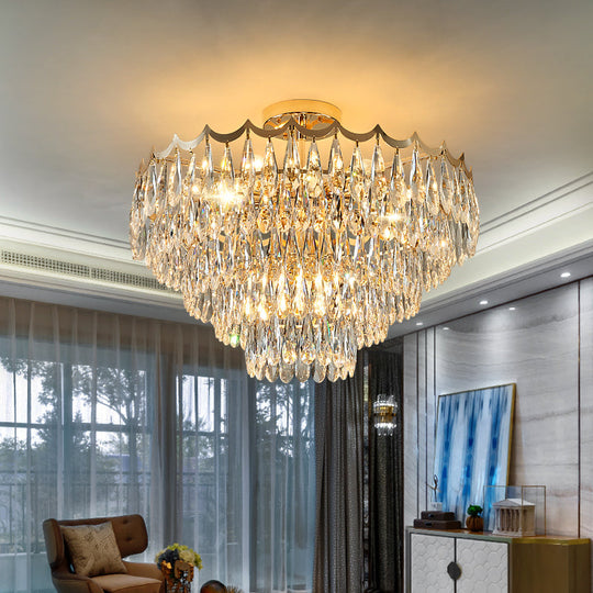 Modern Gold Flush Mount Chandelier With Clear Crystal Drops - 9-Bulb Bedroom Ceiling Lighting