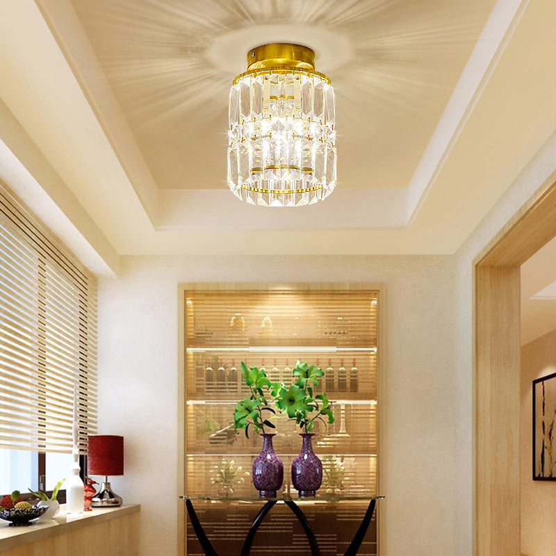 Simple Crystal Cylinder Ceiling Light with Brass Finish - Semi-Mount Kitchen Lighting