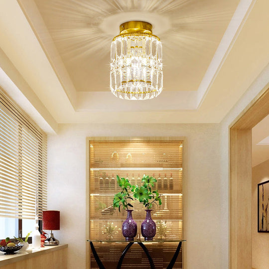 Simple Crystal Cylinder Ceiling Light with Brass Finish - Semi-Mount Kitchen Lighting