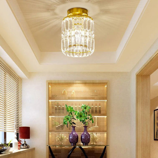 Simple Crystal Cylinder Ceiling Light with Brass Finish - Semi-Mount Kitchen Lighting