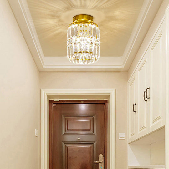 Simple Crystal Cylinder Ceiling Light With Brass Finish - Semi-Mount Kitchen Lighting