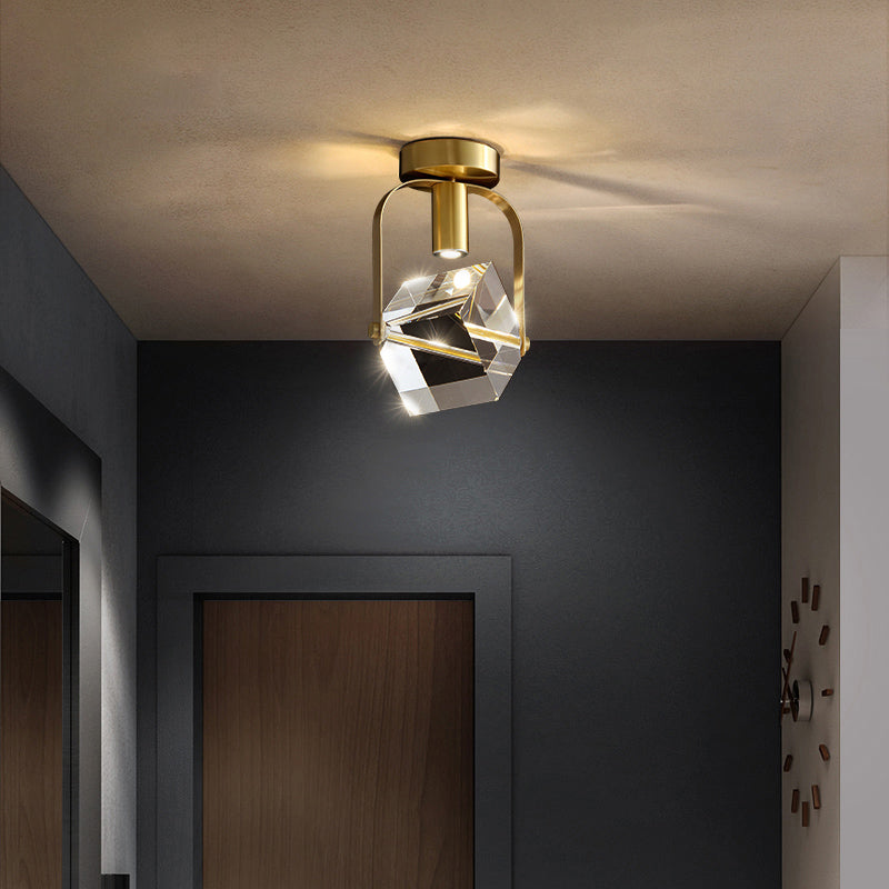 Postmodern Crystal Gold Cube LED Ceiling Lamp - Semi Flush Mount for Foyer