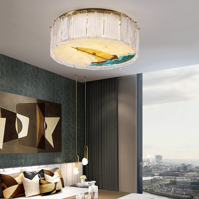 Gold LED Crystal Flush Ceiling Light: Hand-Painted Drum Design, Modern Bedroom Fixture