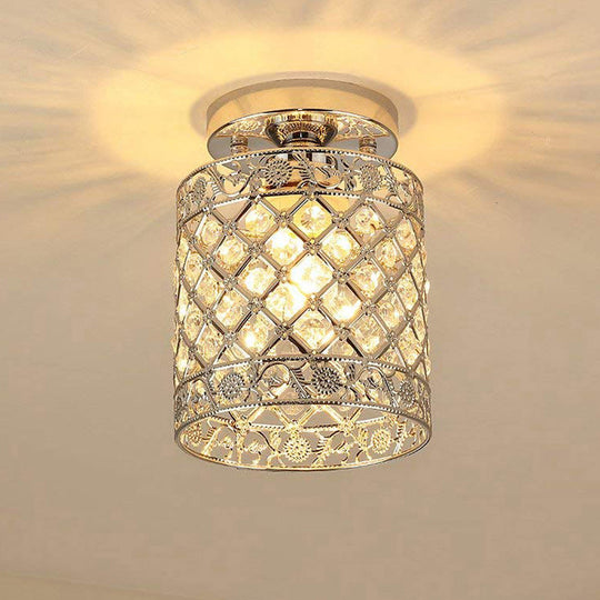 1-Light Crystal Embedded Flush Mount Lamp with Chrome Finish for Aisle- Cylindrical Design