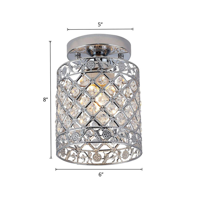 1-Light Crystal Embedded Flush Mount Lamp with Chrome Finish for Aisle- Cylindrical Design