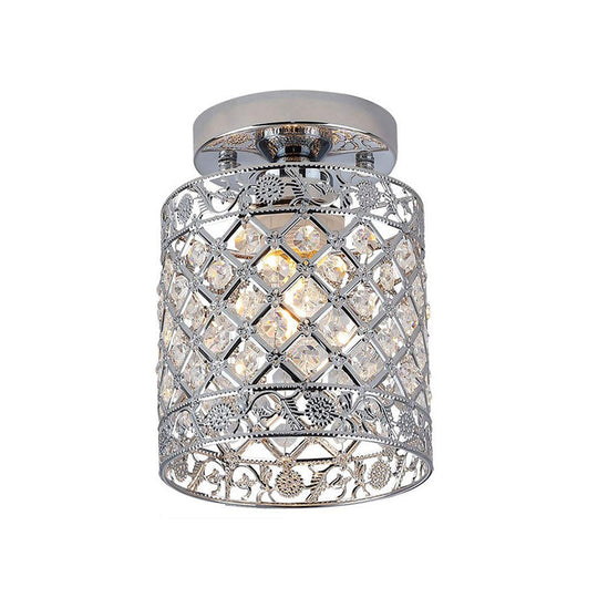 1-Light Crystal Embedded Flush Mount Lamp with Chrome Finish for Aisle- Cylindrical Design