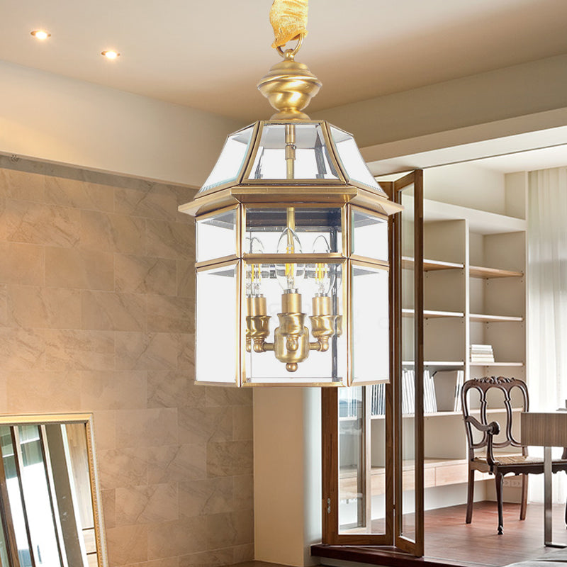 Traditional Brass Cage Chandelier With Clear Glass Bulbs - 3 Bulb Suspended Ceiling Lighting Fixture