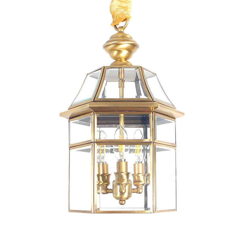 Traditional Brass Cage Chandelier With Clear Glass Bulbs - 3 Bulb Suspended Ceiling Lighting Fixture