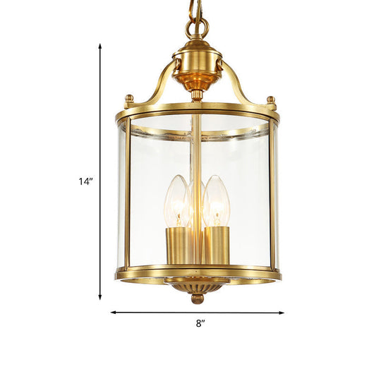 Minimalist Clear Glass Brass Cylinder Chandelier - Hanging Ceiling Light With 3 Bulbs 8/12 Wide