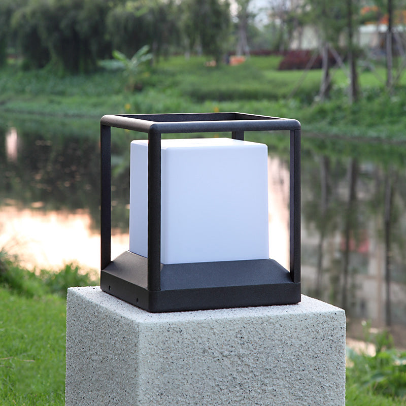 Cubic Plastic Post Light: Modern 1-Light Gate Lamp With Metal Frame - Black & White